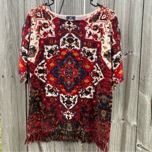 LARK LANE‎ Fall Festival Medallion Pattern Sweater Fringe Women’s Small